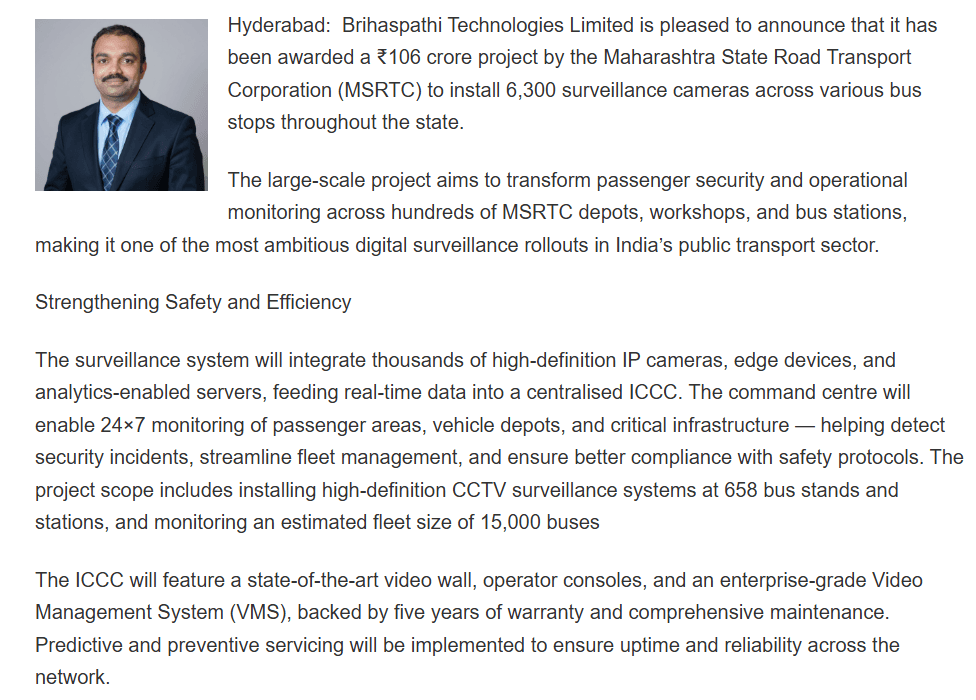 Brihaspathi Technologies Secures ₹106 Crore MSRTC Surveillance Project