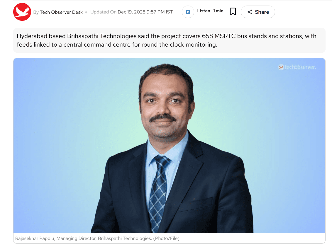 Brihaspathi Wins ₹106 Crore MSRTC CCTV Contract